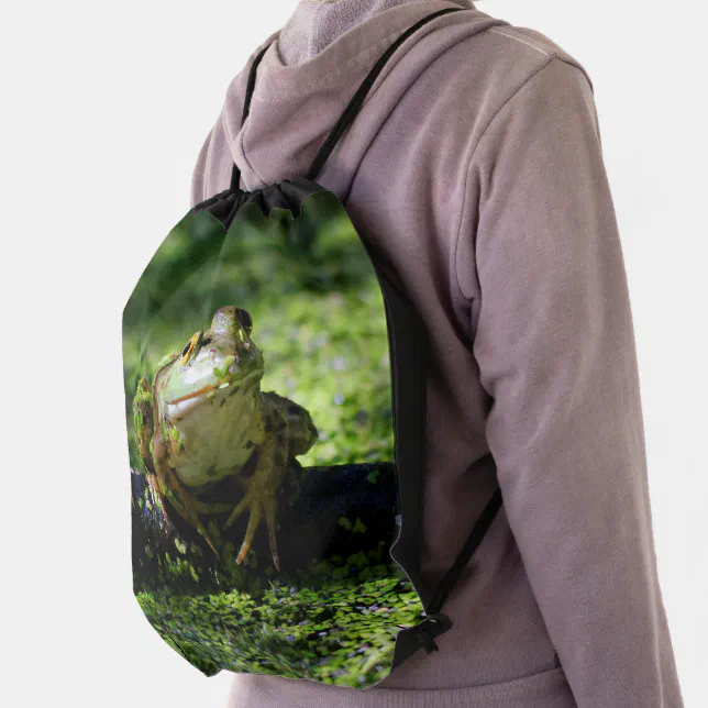 Cute Green Frog Strikes a Pose on the Hose Drawstring Bag