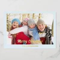 Modern Ice Blue Elegant Photo Flat Merry Christmas Foil Holiday Card