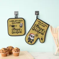 Cooking up a Holly Jolly Storm gold Christmas | Oven Mitt & Pot Holder Set