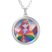 Anime Girl with LGBTQIA+ Cape Silver Plated Necklace