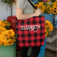 Cool Font Red and Black Buffalo Check Tote Bag