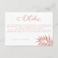 Modern Rose Gold Tropical Leaf Wedding Details Enclosure Card