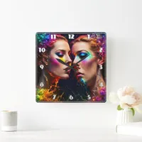 Colorful Twin Faces With Neon Effects at Night Square Wall Clock