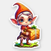 Cute Little Elf Holding a Gift Christmas Sticker