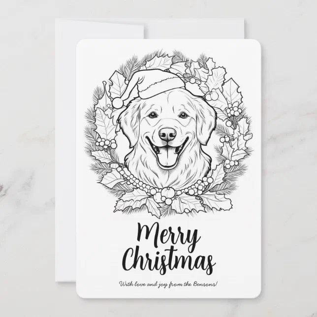Cute Golden Retriever in Christmas Wreath Coloring Holiday Card