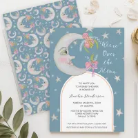 Over the Moon Stars Floral Peach Teal Baby Shower Invitation