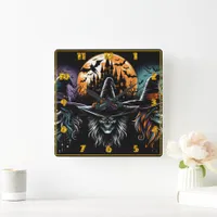 Witches gather at a haunted castle for Halloween Square Wall Clock