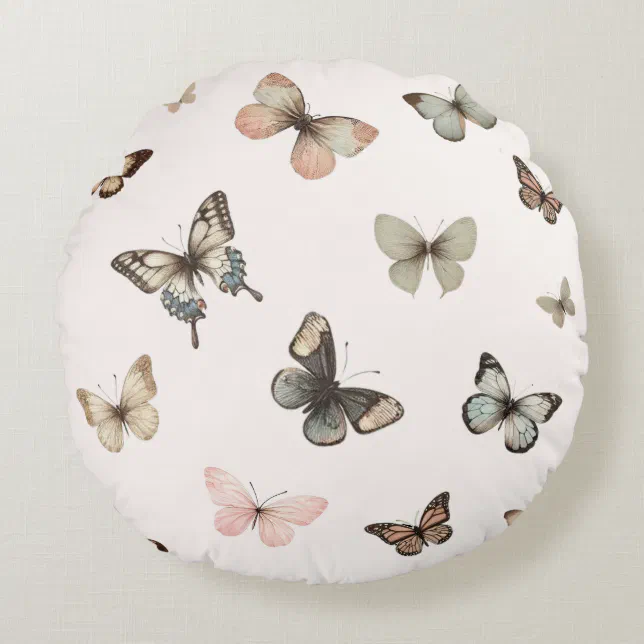 Cute Neutral Butterflies, Muted Tones Pale Pink Round Pillow