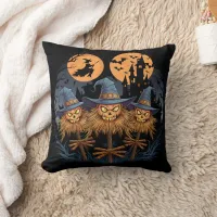 Enchanted Halloween scarecrows under a full moon Throw Pillow