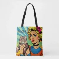 Cartoon Comic Pop Art Women and Cat  Personalized Tote Bag