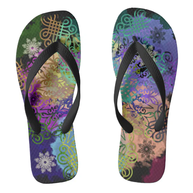 Multi-color geometric lace flip flops