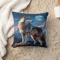 Majestic Wolf Against Moonlit Peaks.  Throw Pillow