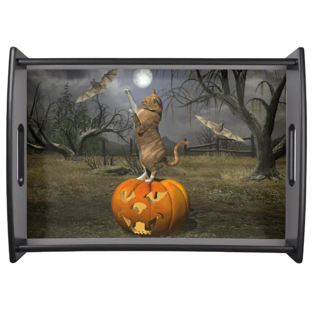 Cute Halloween Orange Cat Batting Bats Serving Tray