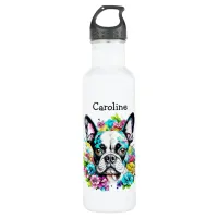 Boston Terrier surrounded by Flowers Personalized Stainless Steel Water Bottle