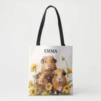 Cute Adorable Guinea Pigs with Flowers Custom Name Tote Bag