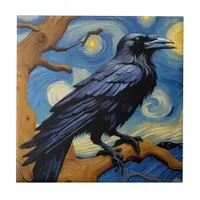 A Raven in an Old Oak Tree Starry Night Ceramic Tile