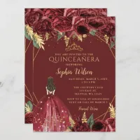 Burgundy Gold Floral Princess Quincea&#241;era Quince Invitation