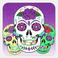 Colorful Halloween Sugar Skulls Square Sticker