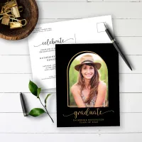 Modern Arch Black Gold Photo Graduation Announcement Postcard