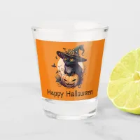 Happy Halloween Black Cat Jack-o-Lantern Orange Shot Glass