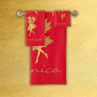 Gold Fairies with Pixie Dust on Red Monogram | Bath Towel Set