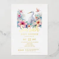 Tropical Egret Bird Coastal Baby Shower Foil Invitation