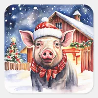 Cute Rustic Christmas Hog and Barn Square Sticker