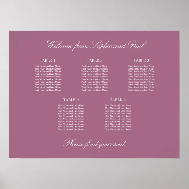 Mauve 5 Table Wedding Seating Chart Poster