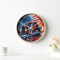 Flaming hot rod with American flag backdrop Clock