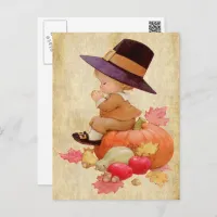 Vintage Pilgrim Boy Praying Pumpkin Parchment Tan Postcard