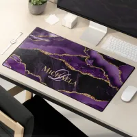 Purple Agate Geode Gold Glitter Monogram  Desk Mat