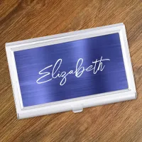 Sapphire Blue Foil Modern Brush Script First Name Business Card Case