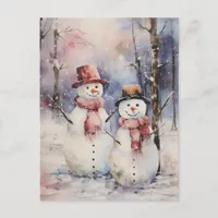 Two Snowmen in Hats and Scarves Christmas Holiday Postcard