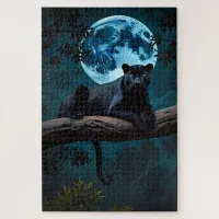 Cute Black Pantha laying on Tree Blue Moon Jigsaw Puzzle