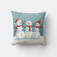 Three happy Christmas snowmen Throw Pillow