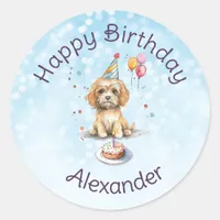 Cute Puppy with Party Hat Birthday Classic Round Sticker