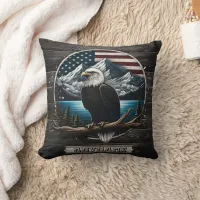 Eagle Perched on Branch With Mountains and Flag Throw Pillow