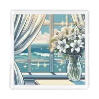 Pretty Ocean View and Vase of Flowers  Acrylic Tray