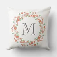 coral roses wreath monogram throw pillow