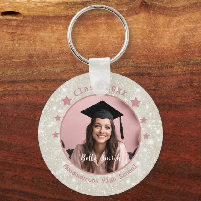 Modern Glitter Photo Dusty Pink Graduation  Keychain