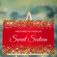 Gold Glitter Red Sweet Sixteen Acrylic Sign