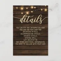 Rustic Barn Wood String lights wedding details Enclosure Card