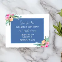 Blue Floral Pink Rosebud Wedding Save the Date Invitation