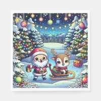 Cute Cartoon Santa and Reindeer Christmas Napkins