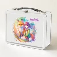 Pretty Watercolor Anime Girl and Fox Metal Lunch Box