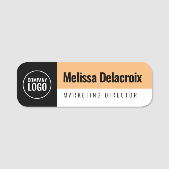 Modern White Peach Black Employee Company Logo Name Tag