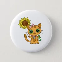 Cute Orange Kawaii Cat with Sunflower Button