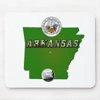 Arkansas Map, Seal and State Faux Quarter Mouse Pad