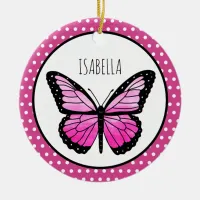 Magenta Butterfly Polka Dot Personalized  Ceramic Ornament