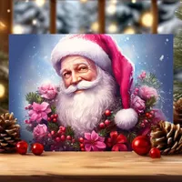 Santa with Pink Flowers Christmas Holiday Card